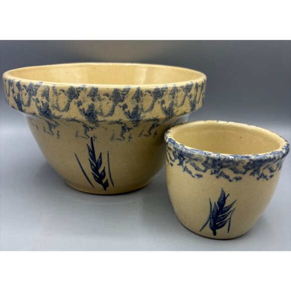 Robinson Ransbottom Roseville Blue Spongeware Mixing Bowl Set Wheat - Picture 1 of 9